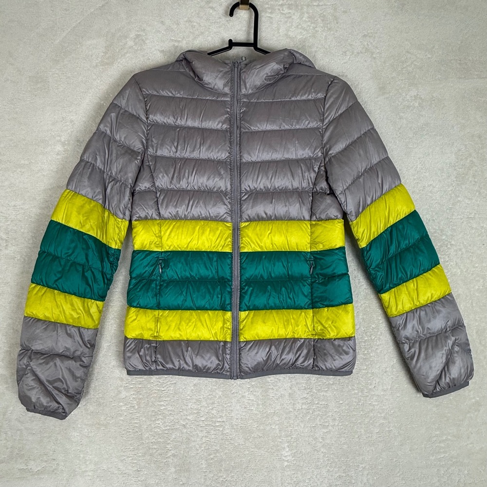 UNIQLO Colorblock Puffer Down Jacket Hooded Lightweight Size XS Gorpcore Hiking